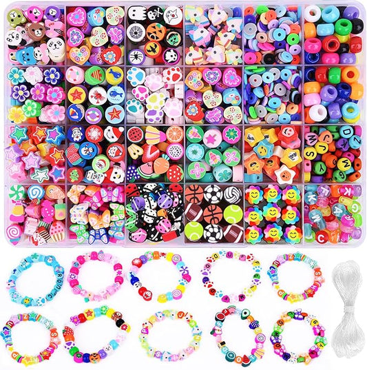 1000PCS Polymer Clay Beads Bracelet Making kit, 24 Style Cute Fun Beads Fruit Flower Animal Cake Butterfly Heart Beads Charms for Jewelry Necklace Earring Making DIY Accessories for Women Girls-BubblyBeeBaby
