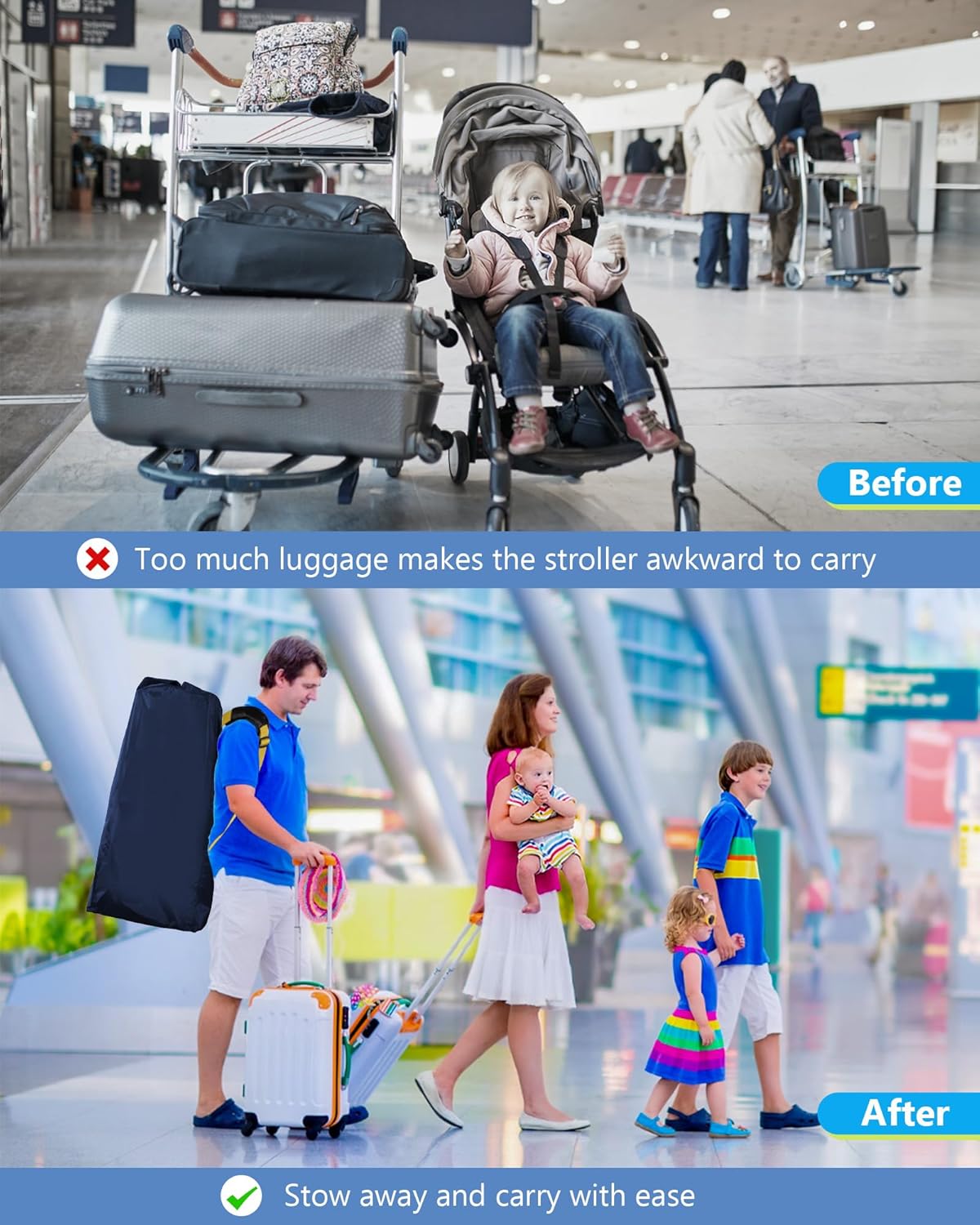 Large Stroller Bag for Airplane, Waterproof Stroller Travel Bag, Gate Check Stroller Bag for Single/Double Stroller Travel Bag with Handle and Drawstring Closure Stroller Cover (Blue)