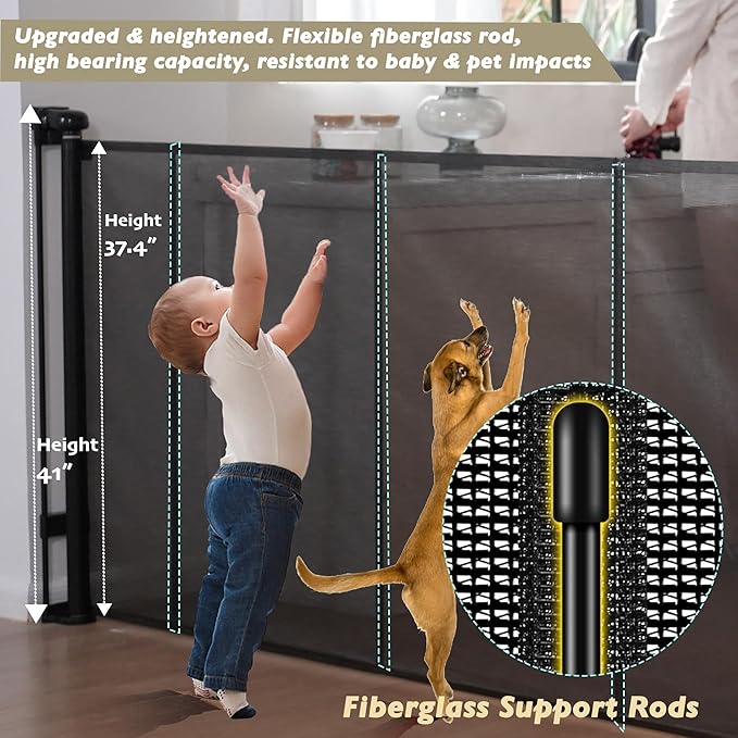 200" Retractable Baby Gates Extra Wide for Large Opening, 41" Extra Tall Retractable Dog Gate Pet Gates, Long Child Safety Mesh Gate with Fiberglass Rods for Stairs, Doorways, Hallways, Indoor/Outdoor-BubblyBeeBaby