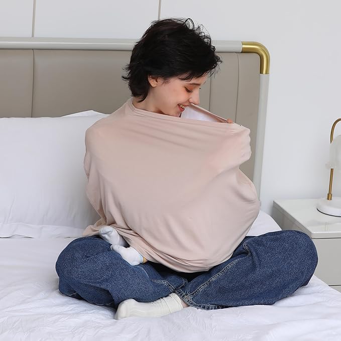 Breathable Car Seat Cover for Babies – Multi-Purpose Soft Rayon Nursing Cover for Breastfeeding, High Stretchy Infant Carseat Canopy, Stroller Cover (Smooth Rayon, Warm Natural)-BubblyBeeBaby