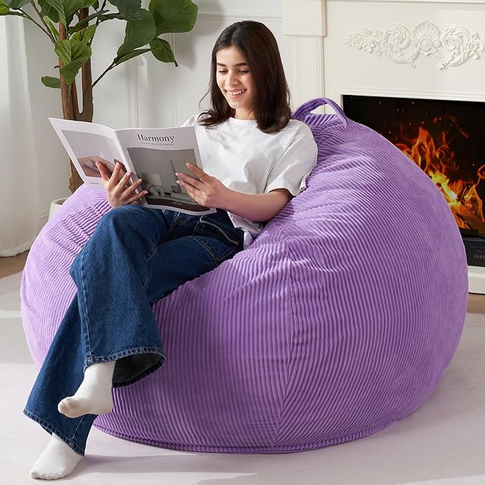 Homguava 3.5FT Bean Bag Chair: Teardrop Bean Bags with Memory Foam Filled, Compact Beanbag Chairs Soft Sofa with Corduroy Cover (Purple)-BubblyBeeBaby