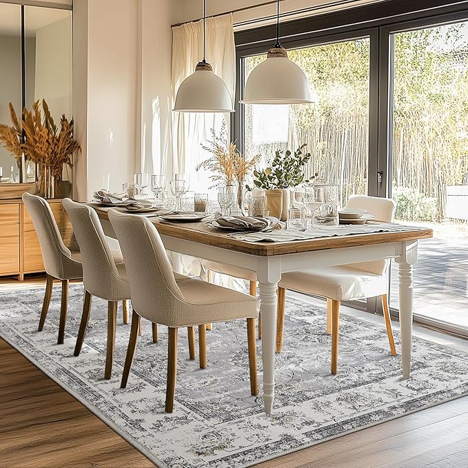 jinchan Vintage Floral 5x7 Area Rugs for Bedroom - Machine Washable Distressed Design Stain Resistant Boho Carpet Ultra-Thin Low Pile Non-Slip Rug for Living Room Dining Room Kitchen (5‘x7',Grey)-BubblyBeeBaby