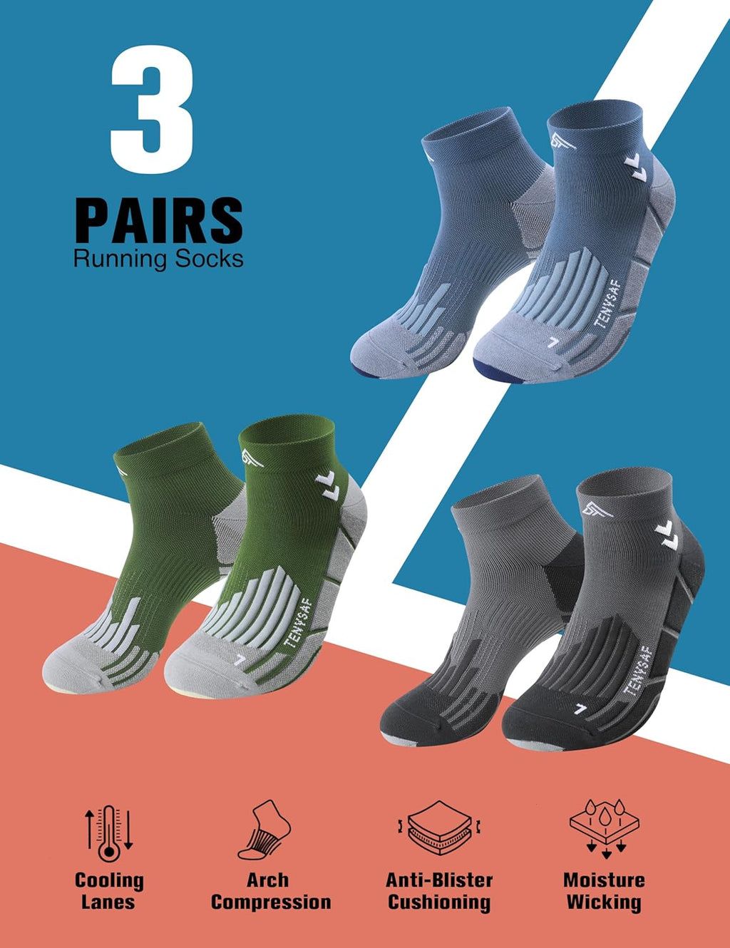 Compression Sport Running Socks: Athletic Socks for Men Women with Cushion,3 Pairs Work Hiking Basketball Ankle Socks