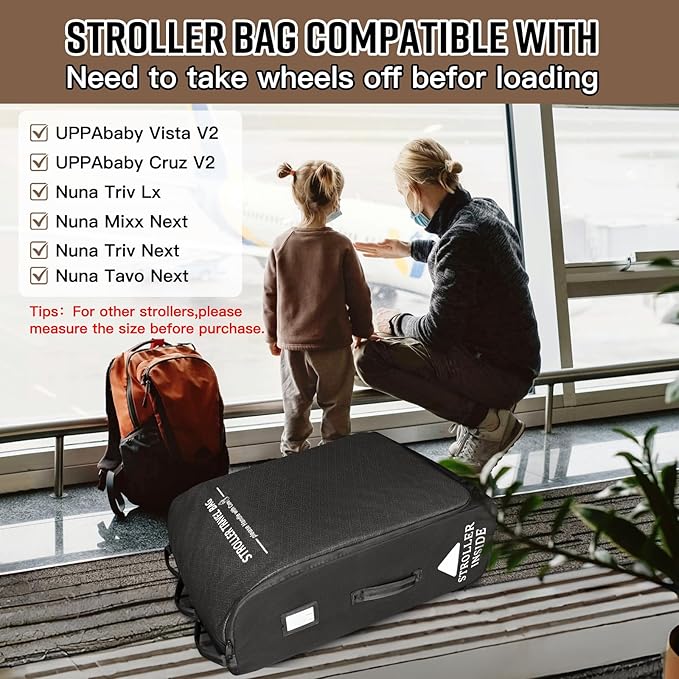 RAYMACE Padded Stroller Travel Bag for Airplane,Stroller Gate check bag with Wheels Compatible with UPPAbaby Vista,Vista V2,Cruz,Cruz V2, Travel Safe Protection Storage Bag,Patterned Design,Black-BubblyBeeBaby