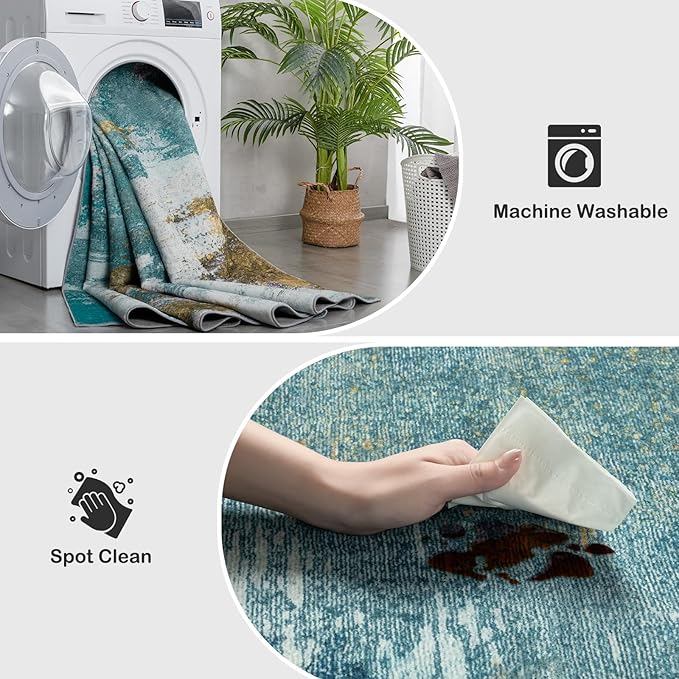 Kelarea 5x7 Blue Rugs for Living Room, Washable Non-Slip Large Rug Abstract Stain Resistant Carpet, Low Pile Soft Indoor Rug for Bedroom, Dining Room, Nursery, Kitchen, Home Office-BubblyBeeBaby