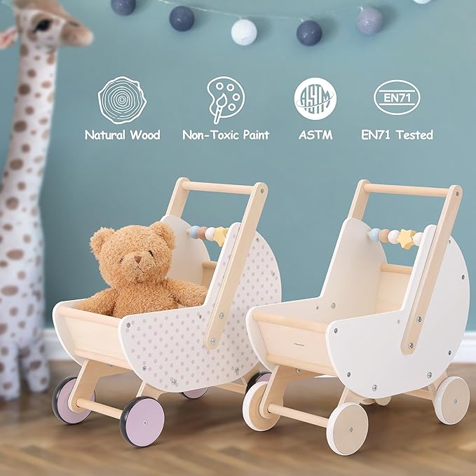 Wooden Baby Walker & Doll Stroller – Adjustable Handle Push Cart, Anti‑Tip, Quiet Wheels, Pretend Shopping Cart – Montessori Wooden Walker for Babies , Doll Stroller for Toddlers 12m+-BubblyBeeBaby