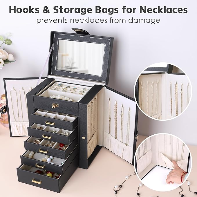Kendal Jewelry Box, 6-Layer Jewelry Storage Organizer for Necklace Bracelet Rings Watch, 10.2"x8.2"x6" Classic Black PU Leather 5 Drawers Large Storage Capacity with Mirror-BubblyBeeBaby