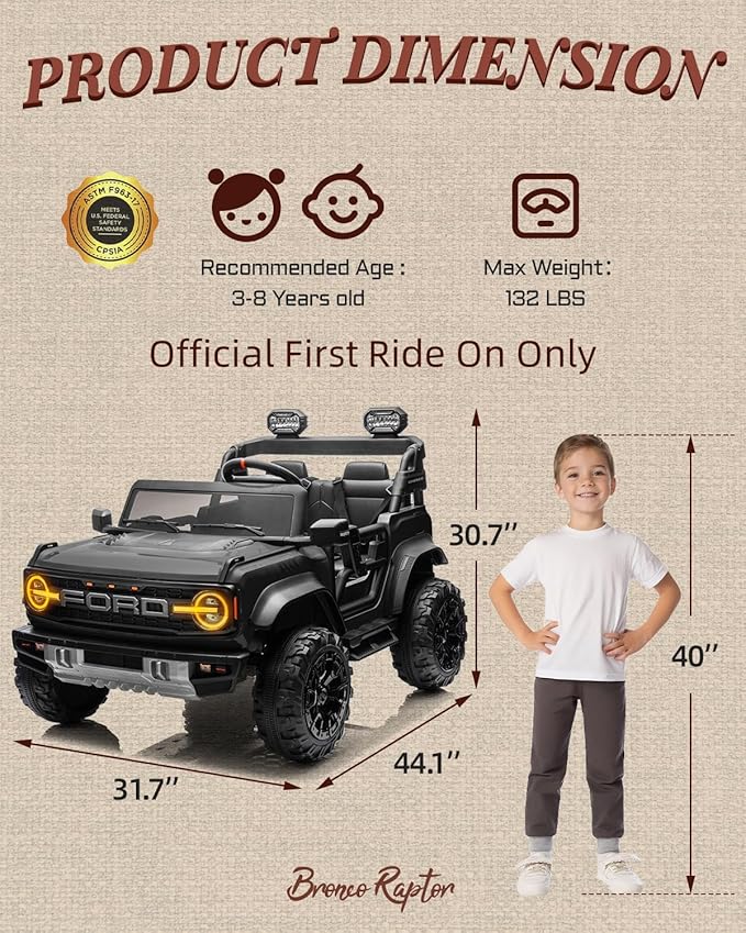 24V Ride on Toys for Big Kids, Licensed Ford Bronco Raptor Electric Car 2 Seater with Remote Control, Kids Ride on Cars w/ 2-Seater, 4.3 Mph Max Speed, Soft Start Function (24V, Black)-BubblyBeeBaby