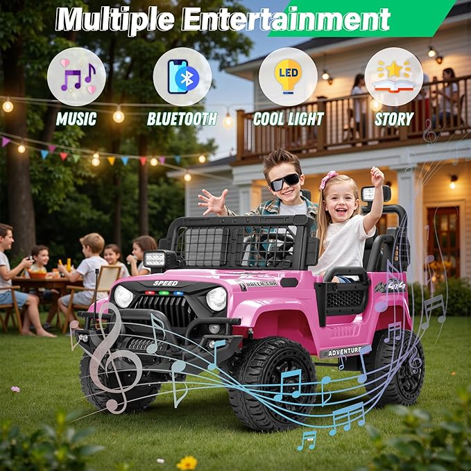2 Seater Ride On Car Truck with Remote Control XL, Kids 24V Battery Powered Electric Vihicle w/21 in Seat, 3 Speeds, 2WD/4WD Switichable, Shock Absorbers,Bluetooth, Flower, Gift Choice-BubblyBeeBaby