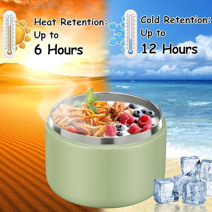 12oz Insulated Vacuum Food Jar with Buckle Lid Wide Mouth Soup Thermo for Hot Food Kids Leakproof Stainless Steel Lunch Container- Green- 1Pack-BubblyBeeBaby