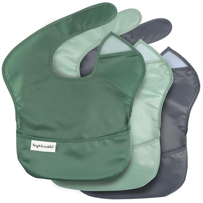 Tiny Twinkle Mess Proof Baby Bibs for Eating - Waterproof, Wipeable Bibs - Toddler Bibs - Travel Friendly - PFAS, PVC, BPA, Phthalate Free - Baby Food Bibs(3 Pack,Olive. Slate)-BubblyBeeBaby