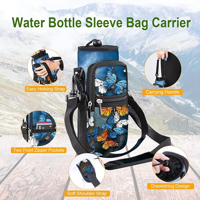 25/32/40/64oz Water Bottle Bag Holder Carrier-Insulated Crossbody Sling Case Sleeve with Strap & Pockets for Men Women Gym Cycling Travel Walking Hiking Camping-BubblyBeeBaby