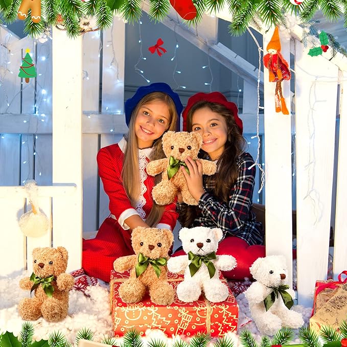 HyDren 12 Pack Bear Stuffed Animals 10 Inch Operation Christmas Bulk Items Small Bear Party Favors Plush Toys for Baby Shower Centerpiece Christmas Birthday Gifts(White, Light Brown)-BubblyBeeBaby