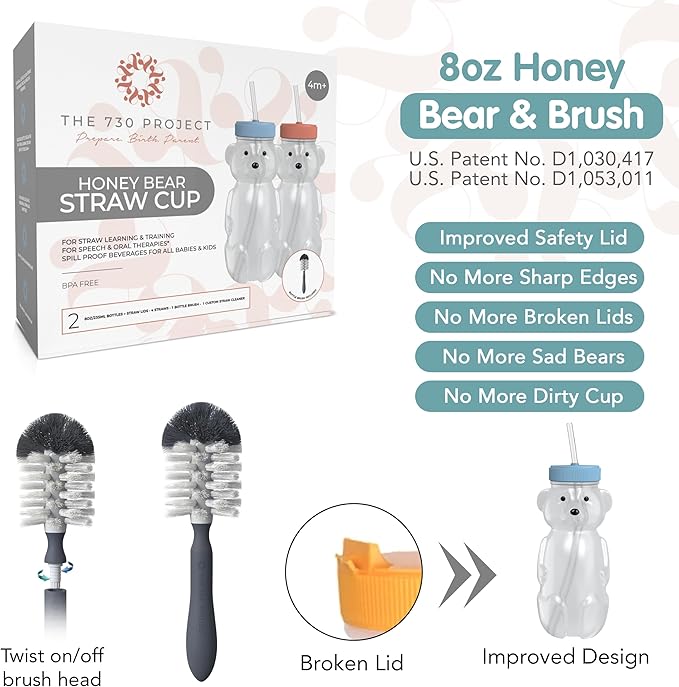Honey Bear Straw Cup for Babies, 8oz Honey BearCup with Bottle Brush, 2-Pack Improved Lid Therapy Learning Honeybear Straw Cup for Baby, Cherry Blossom & Unicorn-BubblyBeeBaby