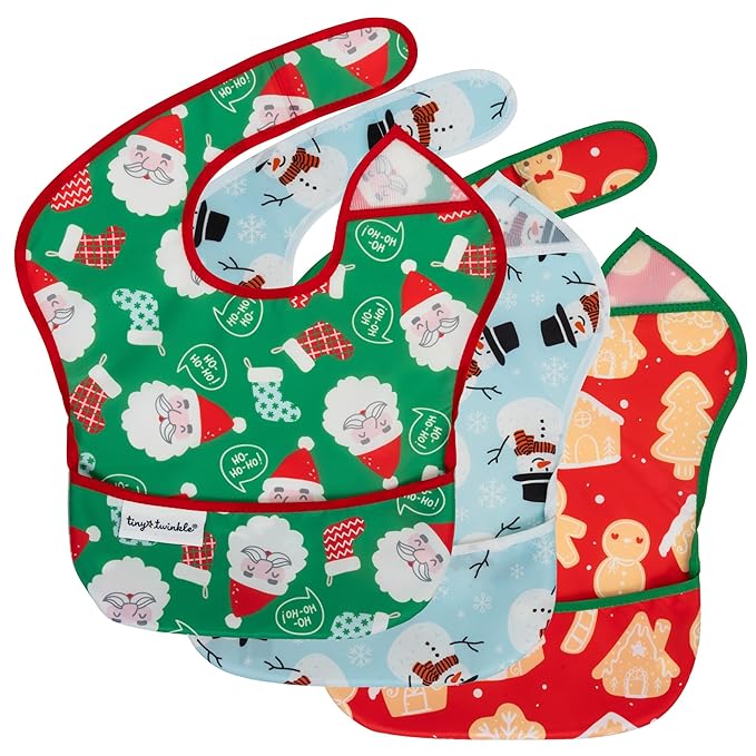 Tiny Twinkle Mess-Proof Baby Bib - Waterproof Bib for Baby Girl or Boy- Machine Washable - Adjustable Closure - PVC, BPA, & Phthalate Free - Great for Travel - Baby Food Bibs (3 Pack,Christmas)-BubblyBeeBaby
