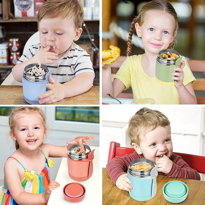10oz Soup Thermo for Hot Food Kids,Lunch Thermo Kids Food Jar with Spoon Hot Insulated Food Containers,Leak Proof Stainless Steel Wide Mouth Lunch Food Thermo Jar for School(Mint-Green)-BubblyBeeBaby