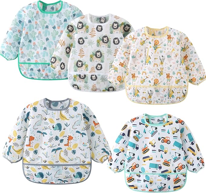 5 Pack Long Sleeve Bib,Baby Toddler Waterproof Sleeved Bib for 6-30 Months Reusable with Catch-all Pocket-BubblyBeeBaby