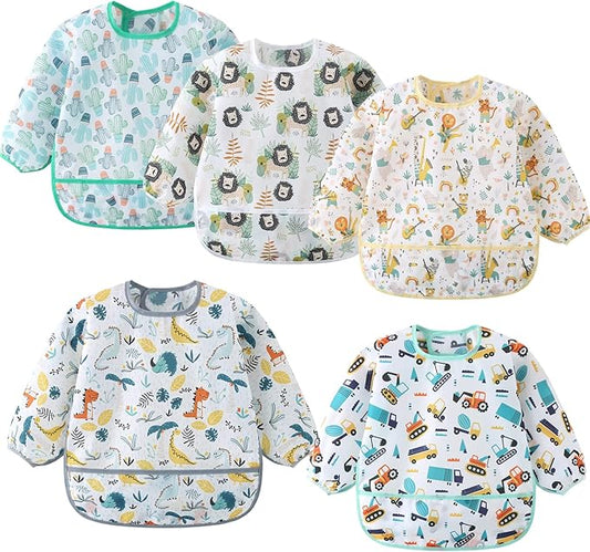 5 Pack Long Sleeve Bib,Baby Toddler Waterproof Sleeved Bib for 6-30 Months Reusable with Catch-all Pocket-BubblyBeeBaby