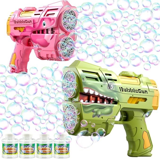 2 Pack Bubble Guns for Kids, Rechargeable LED Light Up Dinosaur Bubbles Machine Blower with 4 Bottles Refill Solution for Toddlers 4-8, Wedding Party Birthday Gift-BubblyBeeBaby
