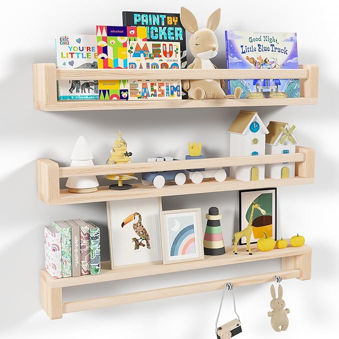 Heimlove Nursery Floating Shelves, Wood Nursery Book Shelves for Wall, 32 inch Wall Bookshelf for Kids Solid Wood Shelves for Books,Toys and Decor Storage, Set of 3-BubblyBeeBaby