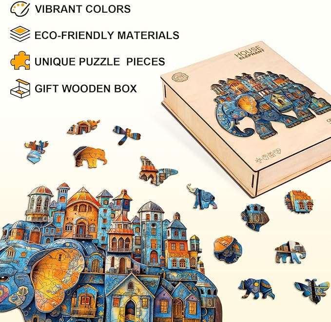 Jigfoxy Wooden Puzzles for Adults, Elephant House Wood Puzzles Adult, Unique Animal Shape Wooden Jigsaw Puzzles for Adults, Birthday Gifts for Puzzle Lovers, Family, Friend (S-8.5 * 7.4in-100pcs)-BubblyBeeBaby