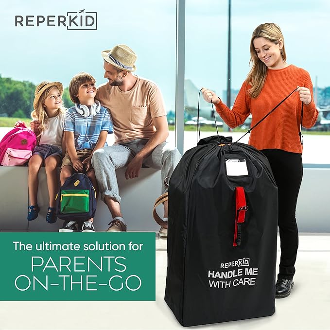 reperkid Large Stroller Bag for Airplane Travel, Black & Red, 47" H x 24" W x 15" D, Fits Most Large, Single, Double, Jogging Strollers – Premium Waterproof Cover, Adjustable Shoulder Straps-BubblyBeeBaby