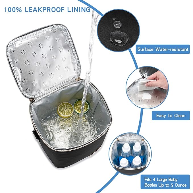 Insulated Bottle Bag with Ice Pack Fits 4 Large Baby Bottles Up to 5 Ounce, Cooler Bag Great for Nursing Mom Daycare-Black-BubblyBeeBaby