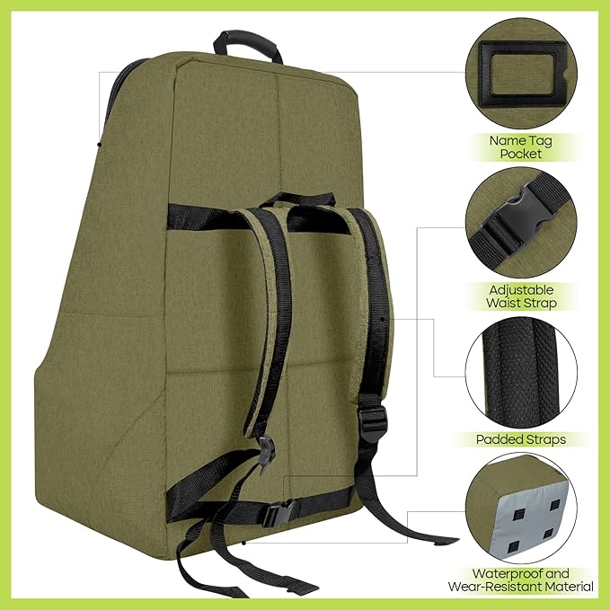 Padded Car Seat Travel Bag for Airplane, Heavy Duty Backpack for Air Travel, Water-Resistant Carrier with Shoulder Strap, Fits Most Car Seats (Green)-BubblyBeeBaby