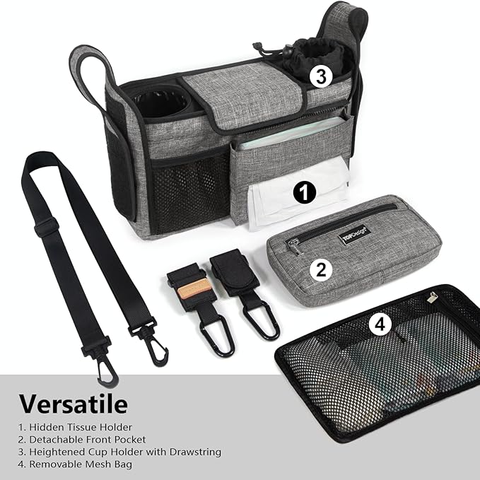 TOPDesign Universal Baby Stroller Organizer, Stroller Caddy with Detachable Mesh Bag & Heightened Insulated Cup Holders & Non-Slip Secure Hooks Accessories, Fits Most Strollers (Grey)-BubblyBeeBaby