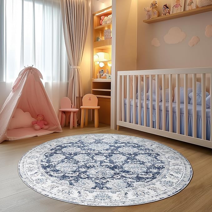 jinchan Round Rug 5ft Area Rugs Vintage Floral Distressed Design - Machine Washable Non-Slip Low-Pile Ultra-Thin Circle Rug for Entryway Bedside Living Room Dining Room Bedroom (5' Round,Dark Blue)-BubblyBeeBaby