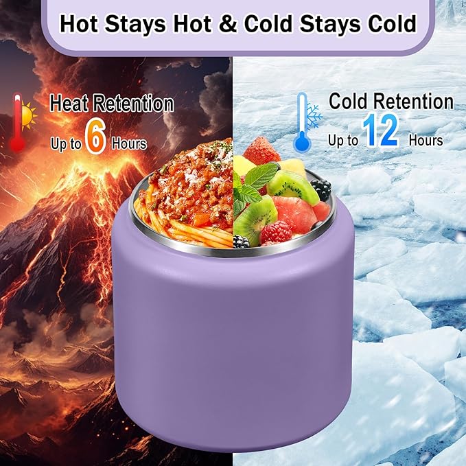 26oz Kids Thermos for Hot Food, Insulated Vacuum Food Jar with Buckle Lid, Stainless Steel Wide Mouth Leak Proof Insulated Lunch Container for School Picnic Travel, Purple-BubblyBeeBaby