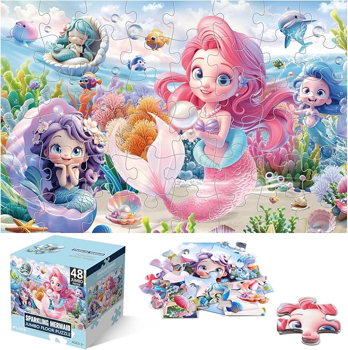Jumbo Floor Puzzle for Toddlers & Kids Ages 3-5, 48-Piece Mermaid and Underwater Large Jigsaw Puzzle with Educational Fun, Great Gift for Boys & Girls Ages 4-8-BubblyBeeBaby