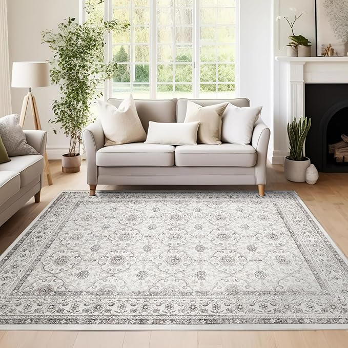 jinchan Floral Area Rugs 4x6 - Machine Washable Vintage Distressed Boho Design Throw Rug Stain Resistant Carpet Low Pile Ultra-Thin Non-Slip for Bedroom Living Room Dining Room Kitchen (4‘x6',Beige)-BubblyBeeBaby