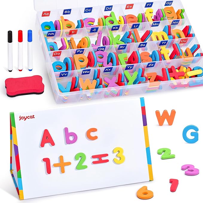 JoyCat Classroom Magnetic Letters Kit 248 Pcs with Double-Side 3D Foldable Magnetic Board - Foam Alphabet Letters&Numbers for Kids Spelling and Learning, Letter Board Tabletop Easel-BubblyBeeBaby