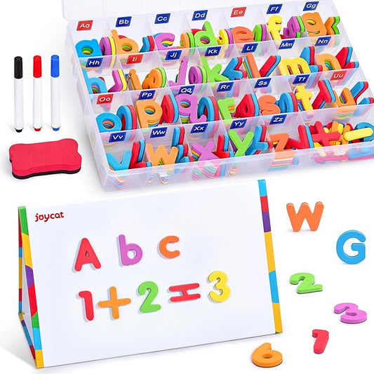 JoyCat Classroom Magnetic Letters Kit 248 Pcs with Double-Side 3D Foldable Magnetic Board - Foam Alphabet Letters&Numbers for Kids Spelling and Learning, Letter Board Tabletop Easel-BubblyBeeBaby