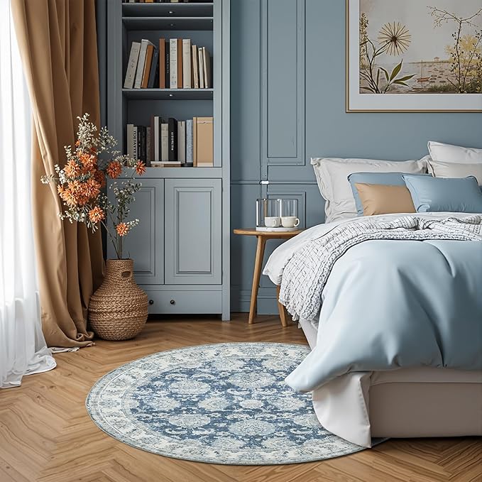 jinchan Round Rug 4ft Area Rug - Indoor Vintage Hallway Circle 4' Washable - Ultra-Thin Low Pile Soft Small Non Slip Distressed Floral Print for Living Room Dining Room Bedroom Entryway Dark Blue-BubblyBeeBaby