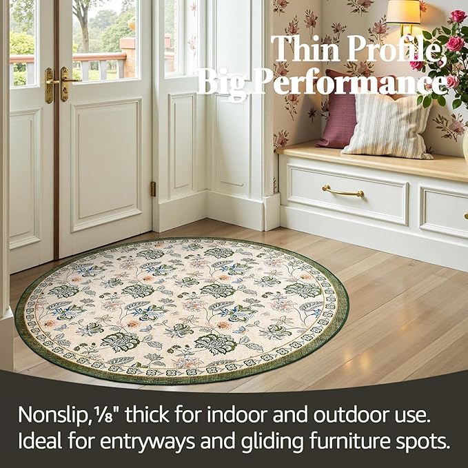 jinchan 4ft Floral Round Rug for Entryway Washable Kitchen Rug Vintage Romance Design Non Slip Indoor Doormat Lightweight Low-Profile Throw Carpet for Living Room Dining Room Bedroom, Green/Beige-BubblyBeeBaby