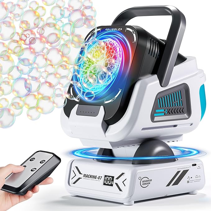 2025 Upgraded Bubble Machine with Remote Control, Automatic Rotation & RGB Lights, 1800mAh Rechargeable Battery, Type-C Charge, Bubble Maker for Kids, Weddings, Birthday Parties, Outdoor Activities-BubblyBeeBaby