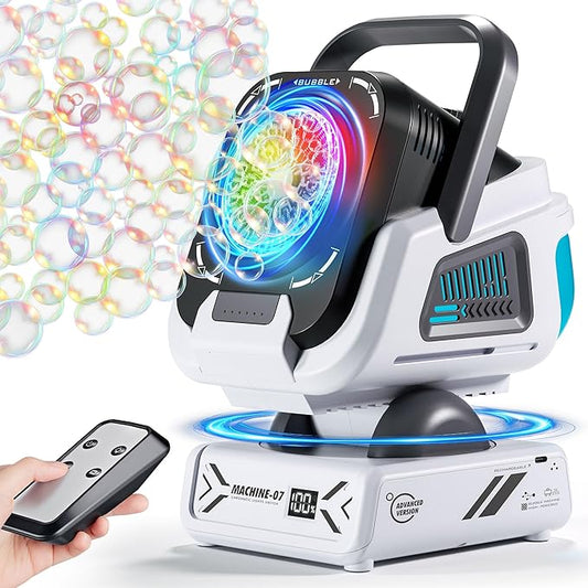 2025 Upgraded Bubble Machine with Remote Control, Automatic Rotation & RGB Lights, 1800mAh Rechargeable Battery, Type-C Charge, Bubble Maker for Kids, Weddings, Birthday Parties, Outdoor Activities-BubblyBeeBaby