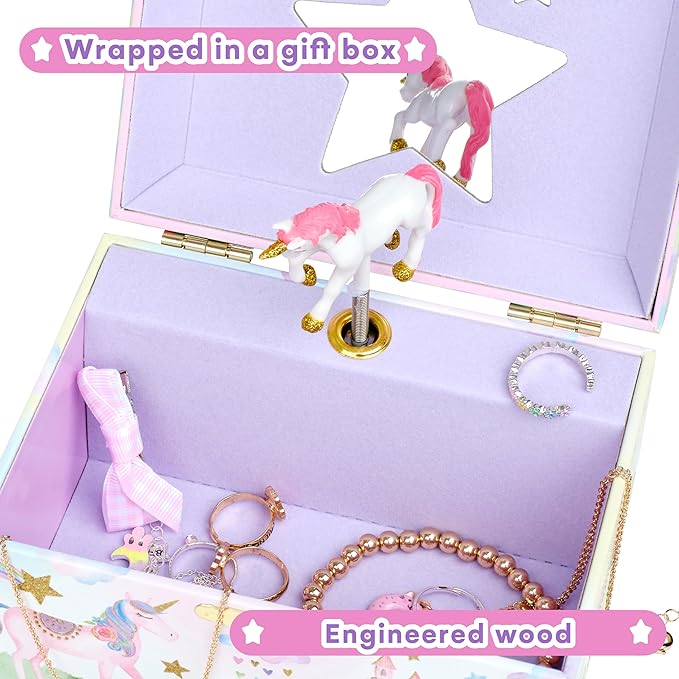 Jewelkeeper Musical Jewelry Box for Girls with Spinning Unicorn, Glitter Rainbow and Stars Design Music Box for Necklace, Earrings, and Accessories, Plays The Beautiful Dreamer Tune-BubblyBeeBaby