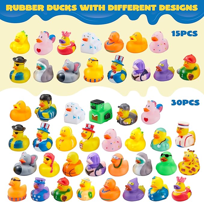 JOYIN 30 Pcs Rubber Ducks, Random Assortment Ducks Bulk with Mesh Carry Bag, Mini Rubber Duckies for Baby Bath Toys, Kids Toddler Summer Pool Toys Birthday Gifts Party Favors-BubblyBeeBaby