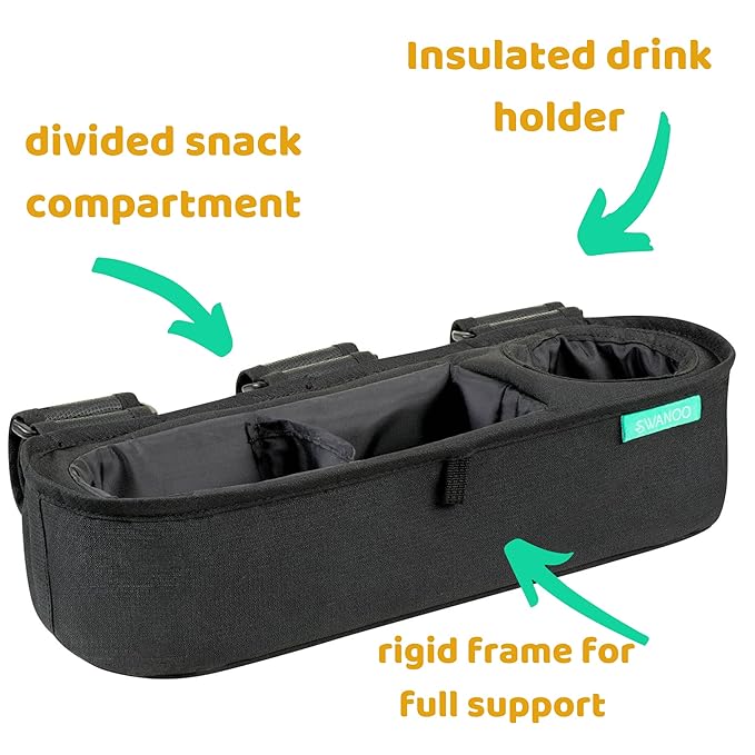 Universal Stroller Tray with Insulated Sippy Cup Holder - Upgraded Rigid Frame Stays Upright - Exclusive Non Slip Straps Firmly Grip Stroller Bar. Universal Stroller Snack Tray Attachment-BubblyBeeBaby