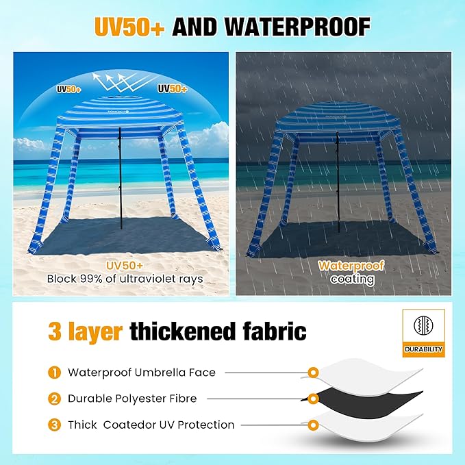 HOMEDEMO Beach Canopy UPF 50+, 6'×6', Easy Set up and Take Down Tent with Sand Pockets, Side Wall Shade Wind Waterproof for Kids, Family & Friends-BubblyBeeBaby