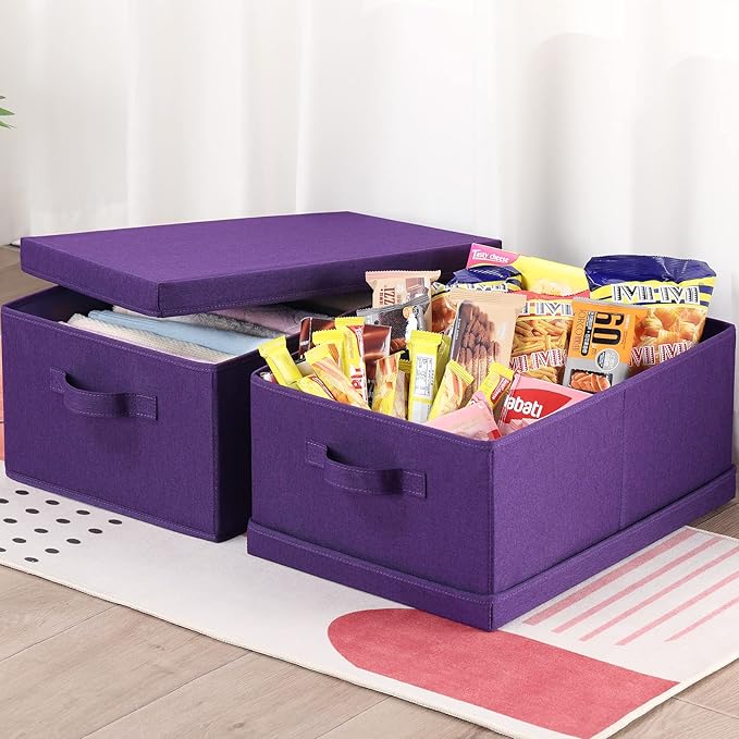 HOONEX Storage Bins with Lids for Organizing, Pack of 2, Storage Boxes with 2 Carry Handles and Sturdy Heavy Cardboard, 16.5" L x 11.8" W x 7.5" H for Shoes, Books, Clothes, Nursery, Dark Purple-BubblyBeeBaby