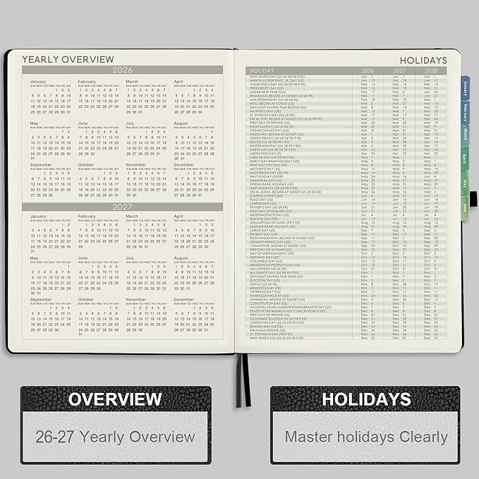 2026 Planner - JAN 2026 - DEC 2026, Planner Weekly and Monthly, Calendar Planner, 8.5" x 11", Leather Cover Planner with Thick Paper, Back Pocket with Notes Pages, Black-BubblyBeeBaby