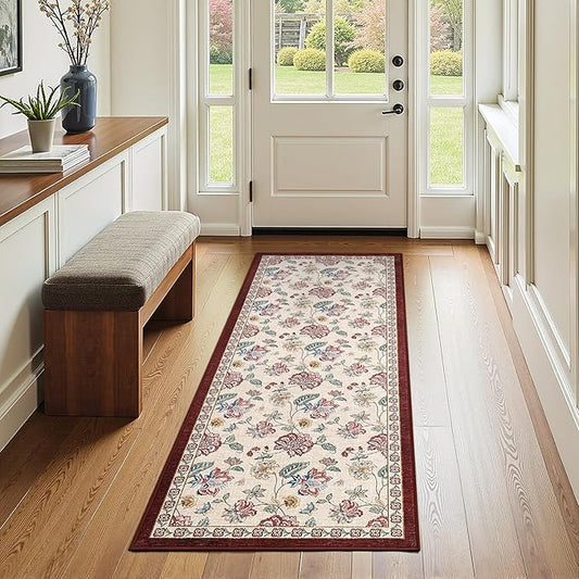 jinchan 2x5 Floral Runner Rug for Hallway Washable Kitchen Runner Vintage Romance Design Non Slip Thin Indoor Floor Cover Low-Profile Throw Carpet for Entryway Bathroom Bedroom Porch, Red/Beige-BubblyBeeBaby