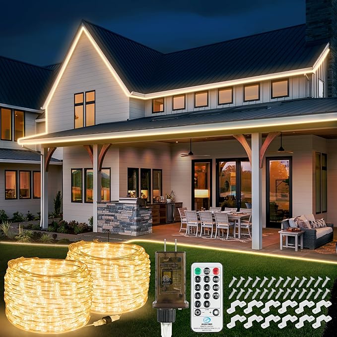 100ft 1200 LED Rope Lights Outdoor, Connectable Warm White Rope Lights Plug in, Outdoor String Lights Waterproof Decorative Lighting for Deck Patio Backyard Garden Pool Camping Room Indoor Décor-BubblyBeeBaby