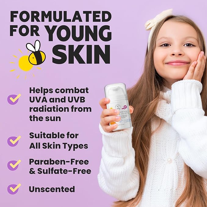 Kid Face Sunscreen Moisturizer with SPF – SPF 30 Mineral Face Sunscreen – Lightweight, Non-Greasy, Reef-Safe with Zinc Oxide & Niacinamide – Broad-Spectrum UV Protection – Daily Moisturizer for Kids-BubblyBeeBaby