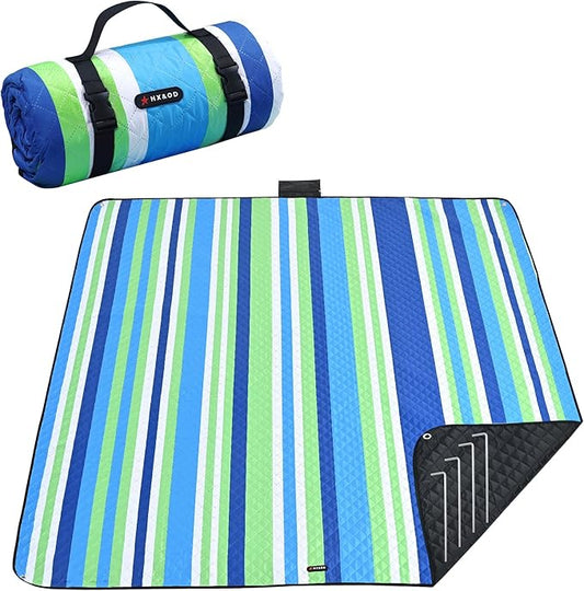 HX&OD Outdoor Picnic Blanket Extra Large, 80''*60'' Waterproof Picnic Mat with Stakes Foldable Camping Blanket Portable with Carry Strap for Beach Mat (Green& White, 80''*60'')-BubblyBeeBaby