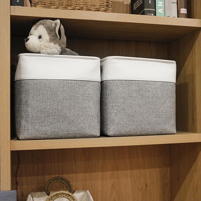 13x13 Cube Storage Bins, Collapsible Fabric Storage Box, 4 Pack Closet Baskets with Handles for Organizing, Shelf, Toys, Clothes, Home, Office, Nursery (Grey&White)-BubblyBeeBaby